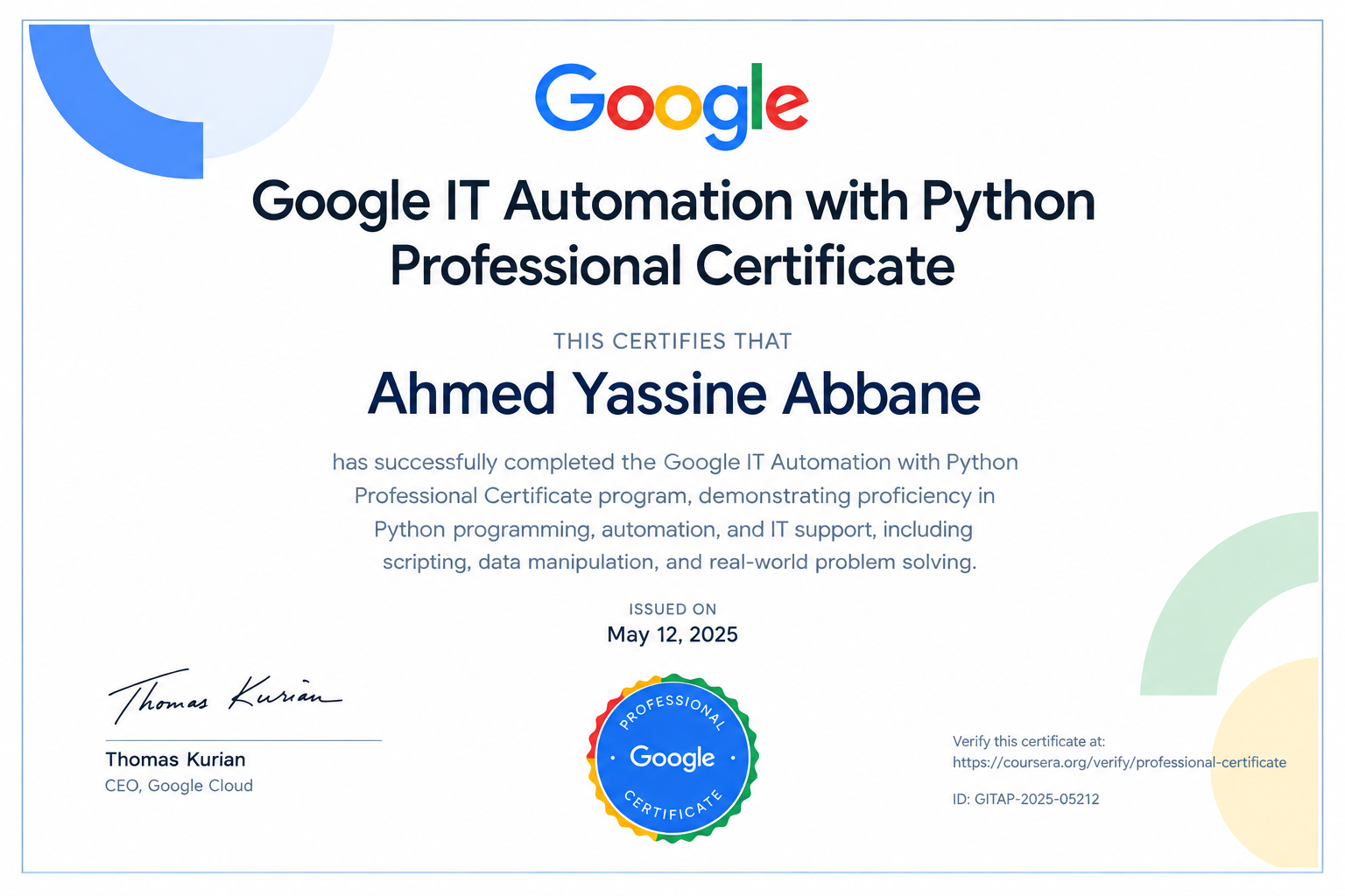 Google IT Automation with Python Professional Certificate certificate