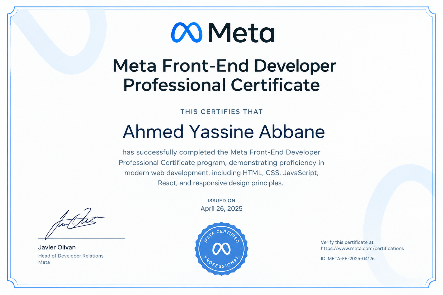 Meta Front-End Developer Professional Certificate certificate
