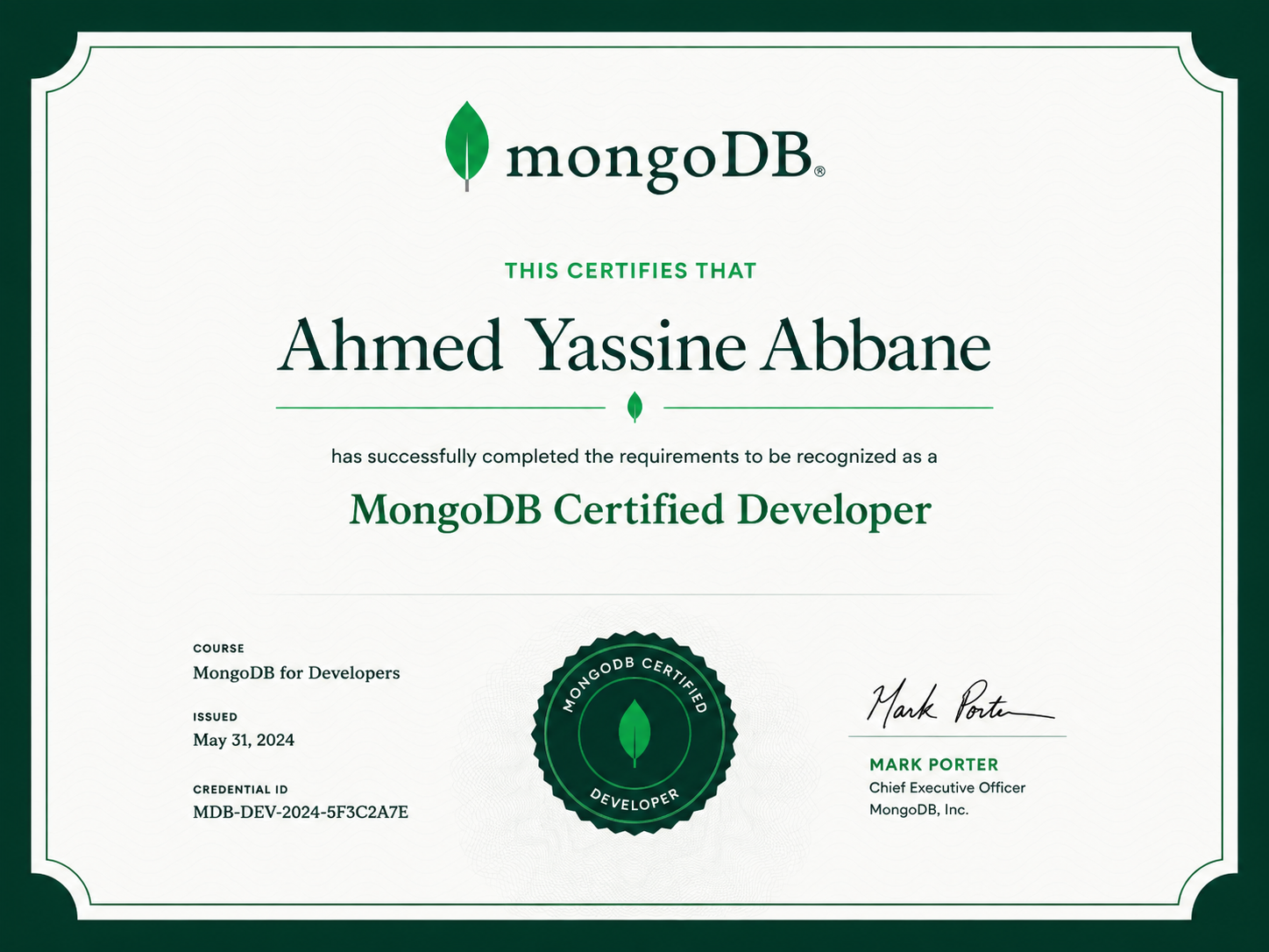 MongoDB Certified Developer Associate certificate